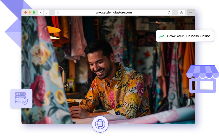 Smiling small business owner working on a laptop in a colorful clothing boutique, showcasing online store management and e-commerce growth for fashion retailers.