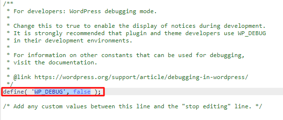 WP_DEBUG false search