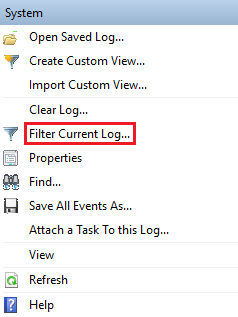 selecting ‘Filter the current log’ on the right side