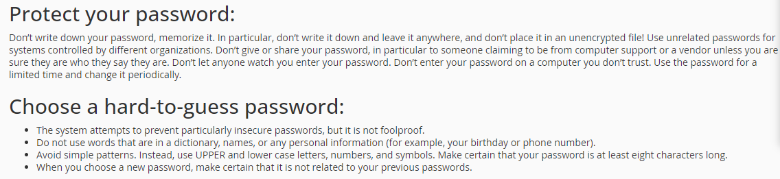 password-related cautions and suggestions at the bottom of the interface