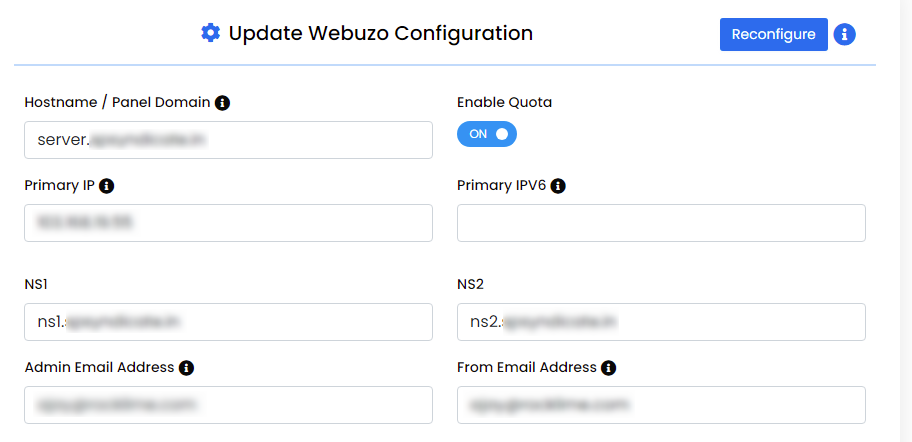 provide the Primary IP and panel Domain