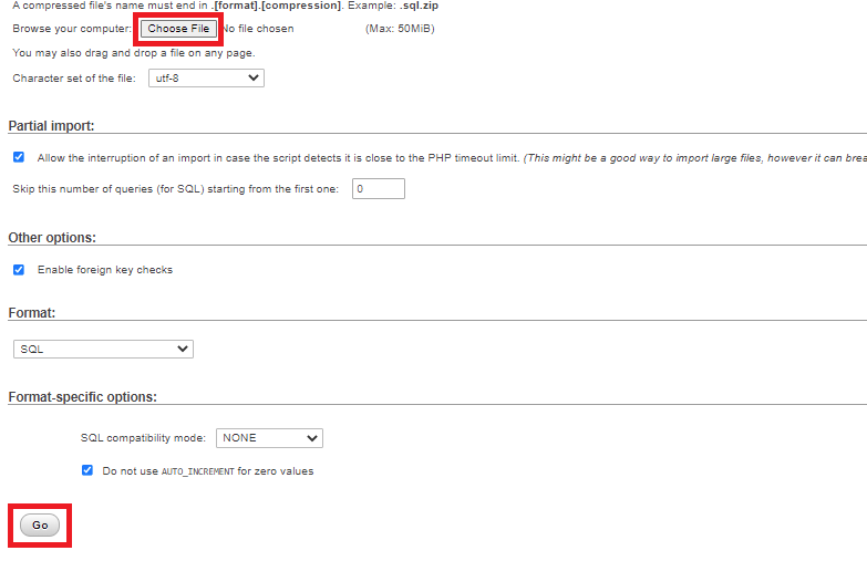 import the database file