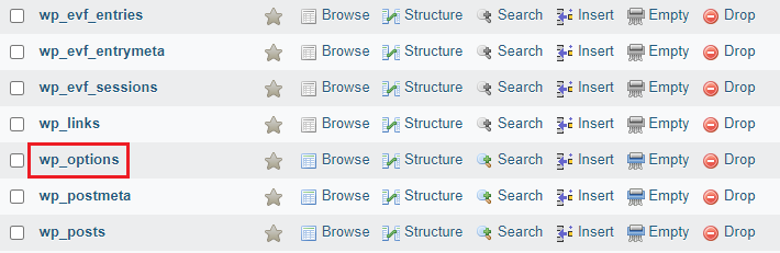 click on the wp_options table