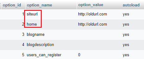 Find rows named ‘siteurl’ and ‘home’