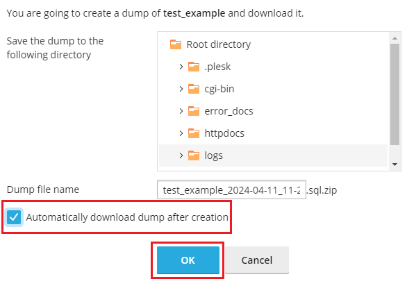 select 'Automatically download dump after creation checkbox