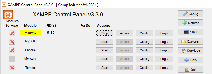 highlighted with a Yellow mark over Apache