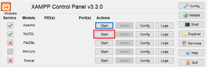 start the ‘MySQL’ module for the phpMyAdmin