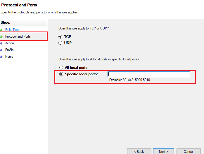 Inbound Rule select Port