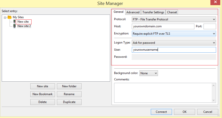 Add a Username in filezilla