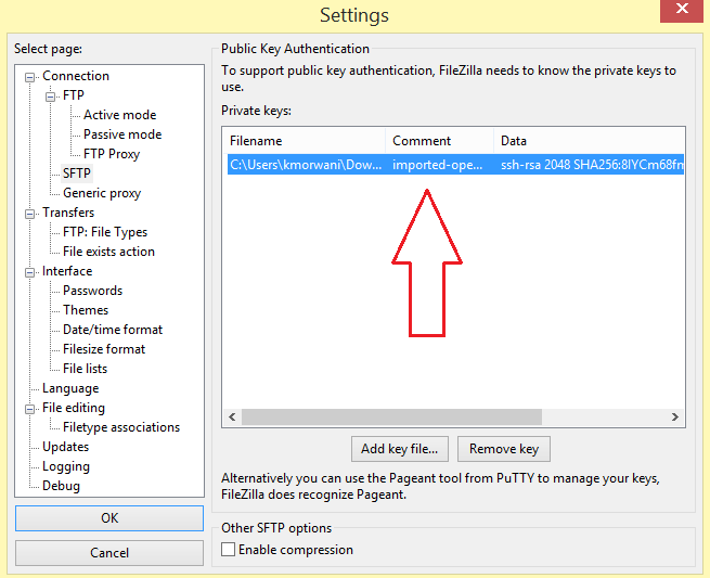 FileZilla public key authentication list
