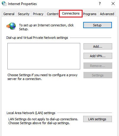 Internet Properties Click on the Connections