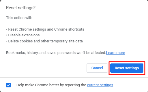Click on reset setting