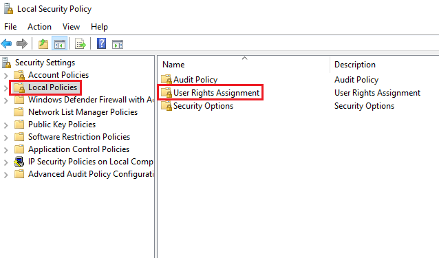 In ‘Local Policies,’ select User Rights Assignment