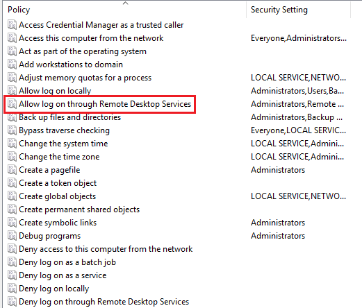 Click the ‘Allow log on through the Remote Desktop Services’