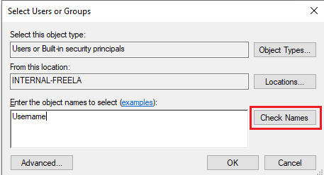 click on ‘Check Names’ to resolve the username