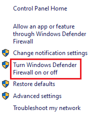 turn windows defender firewall on or off