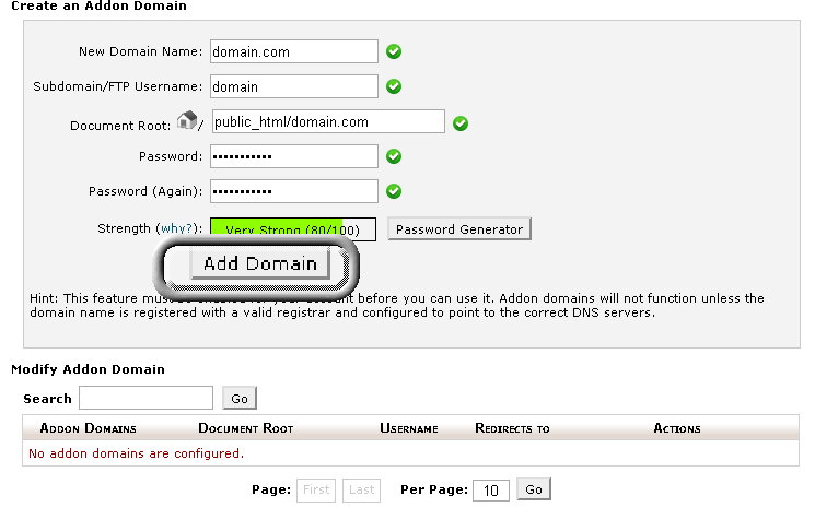 Create Addon domain